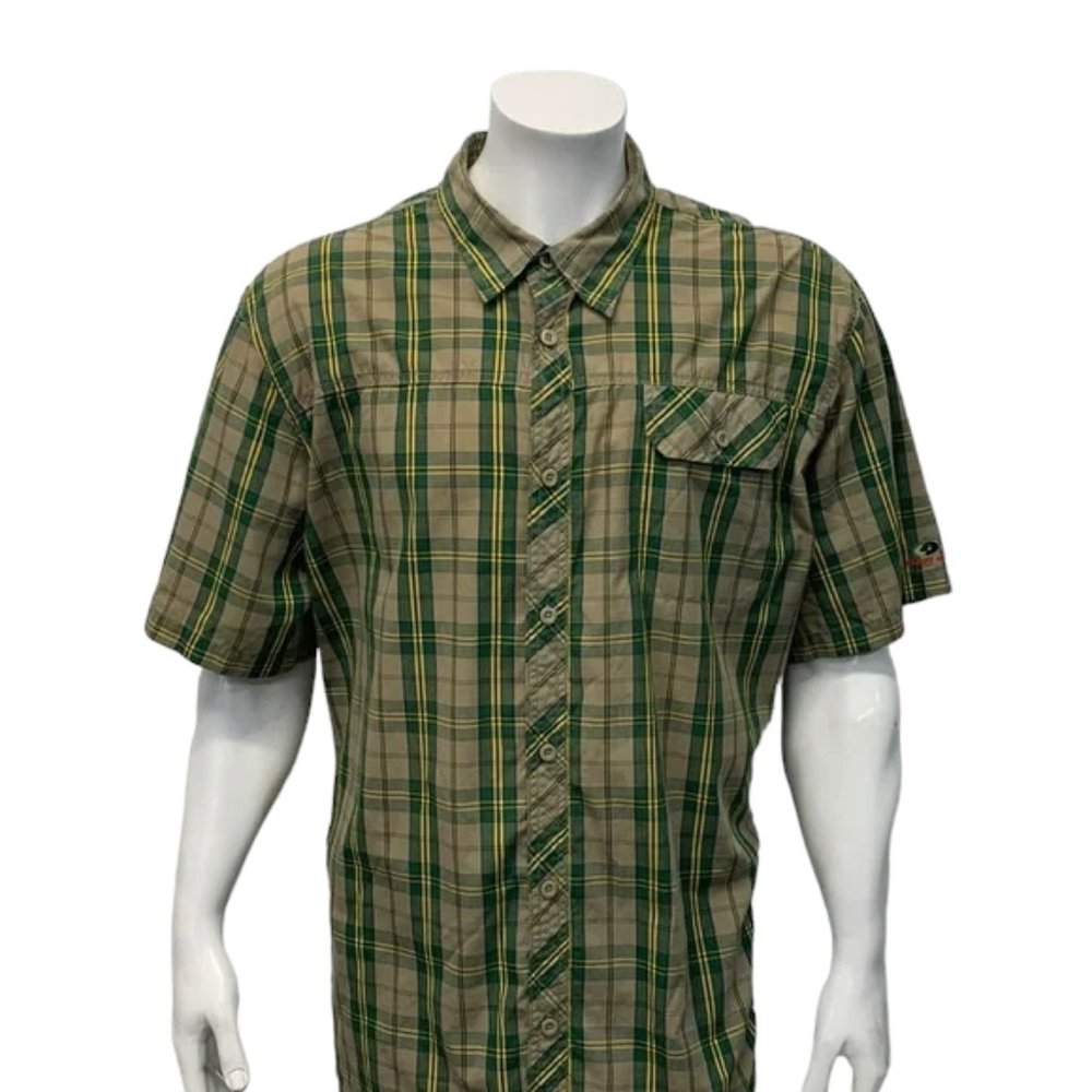 Mossy Oak Green Tan Yellow Plaid Men’s Short Sleeve Button-Up Shirt Size XXL 2XL